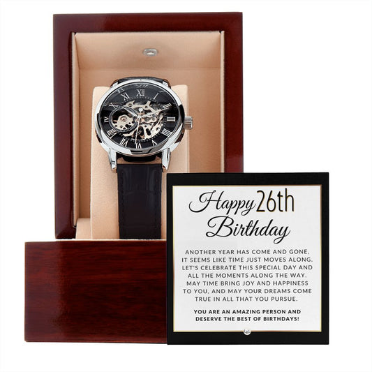26th Birthday - Openwork Skeleton Watch + LED Watch Box - Gift For Him - Liliana and Liam