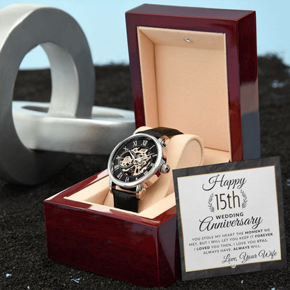 15th Wedding Anniversary - Openwork Skeleton Watch + LED Watch Box - Gift for Husband - Liliana and Liam