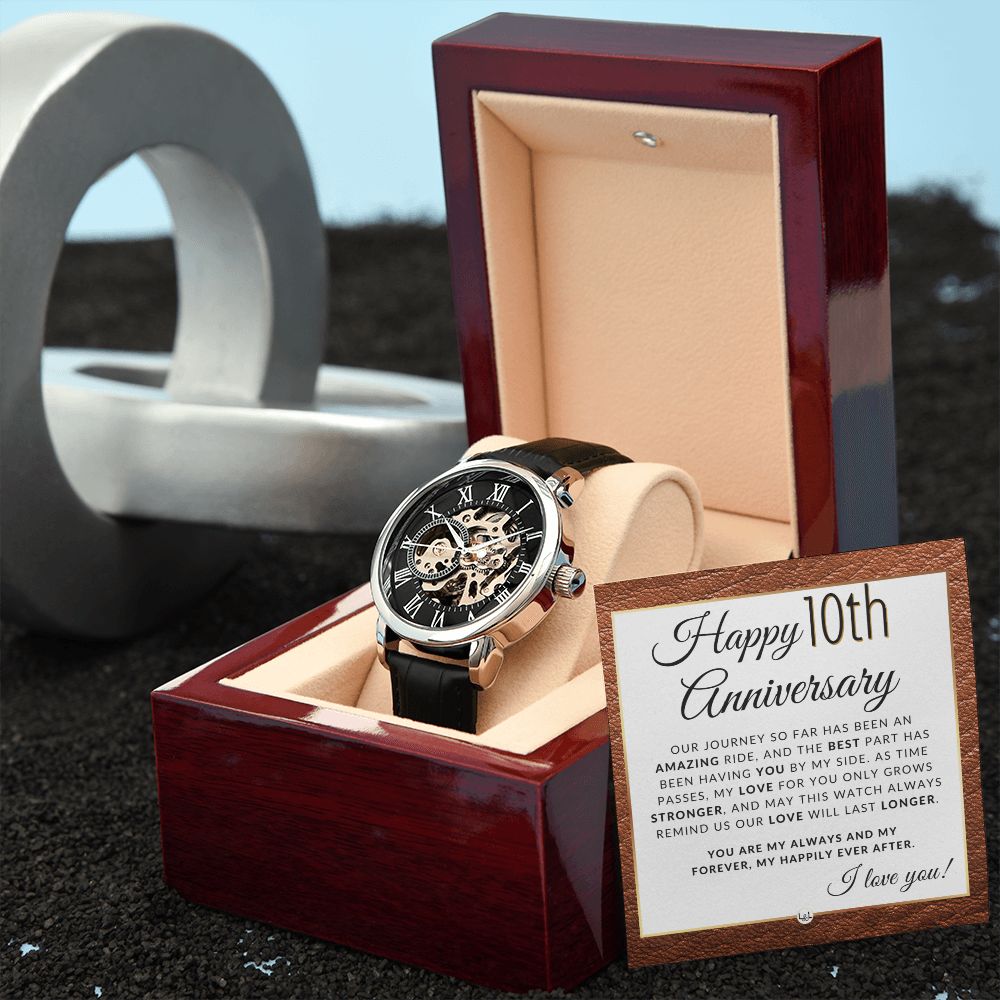 10 Year Anniversary Gift for Him - Men's Openwork Watch + Watch Box - Great Anniversary Gift Idea For Husband, From Wife