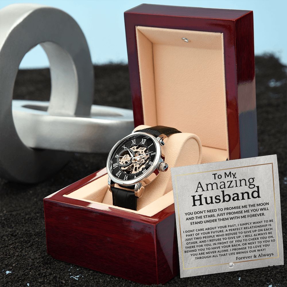 To My Husband - Moon And Stars - Men's Openwork Watch + Watch Box - Meaningful Christmas, Valentine's Day Birthday, or Anniversary Present For Him
