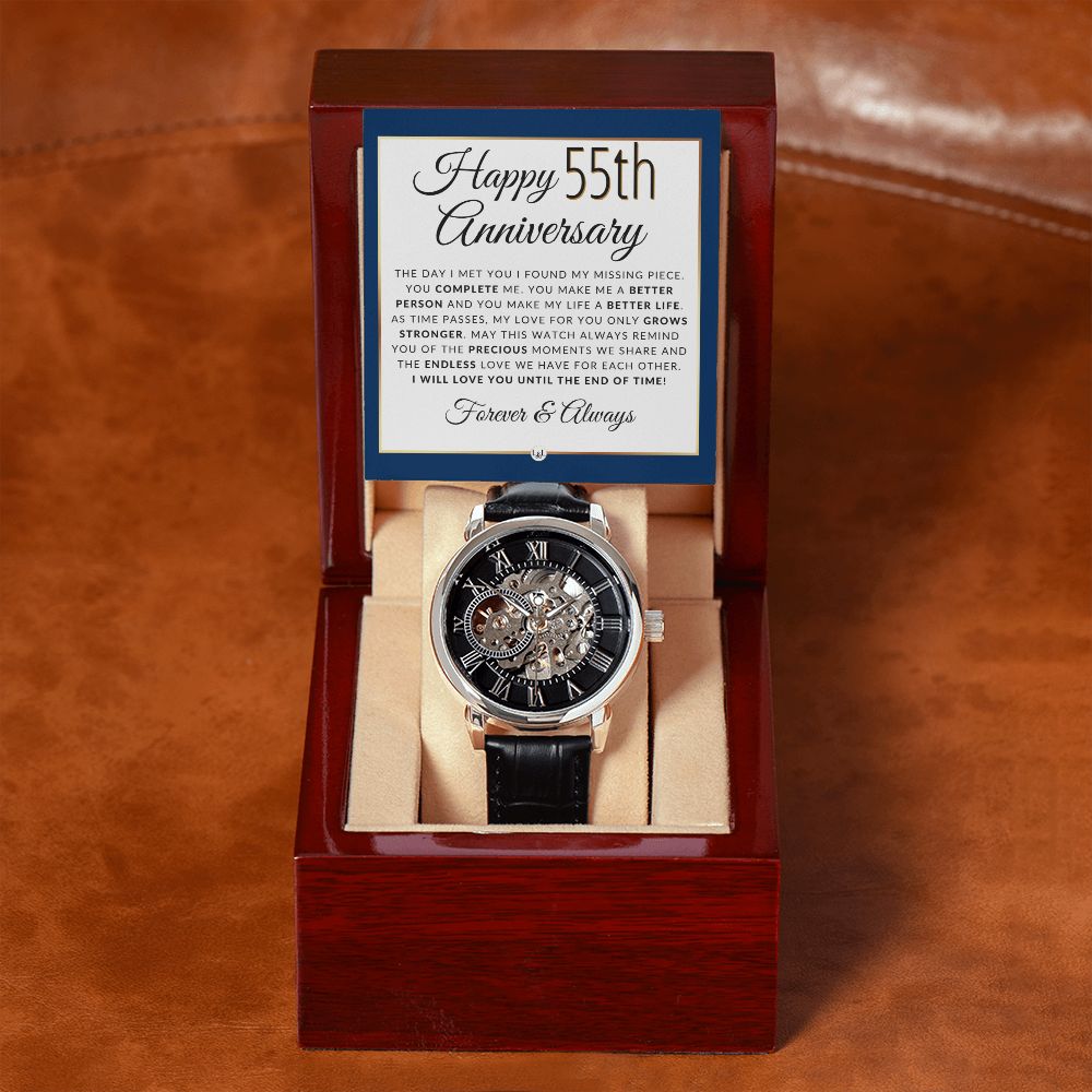 Anniversary Gift for Him 55 Year - Men's Openwork Watch + Watch Box - Great Anniversary Gift Idea For Husband, From Wife