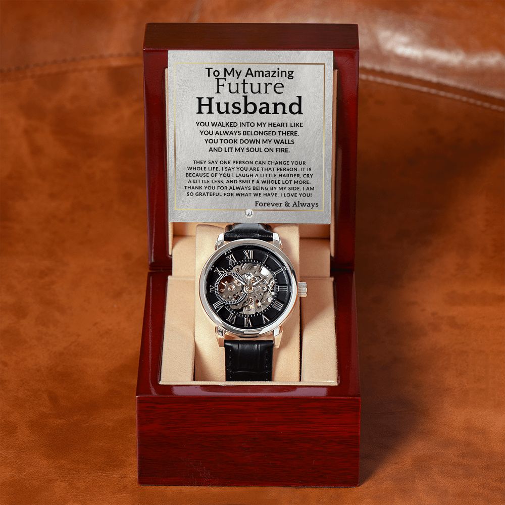 To My Future Husband - Lit My Soul On Fire - Men's Openwork Watch + Watch Box - Meaningful Christmas, Valentine's Day Birthday, or Anniversary Present For Him