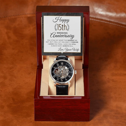 15th Wedding Anniversary - Openwork Skeleton Watch + LED Watch Box - Gift for Husband - Liliana and Liam