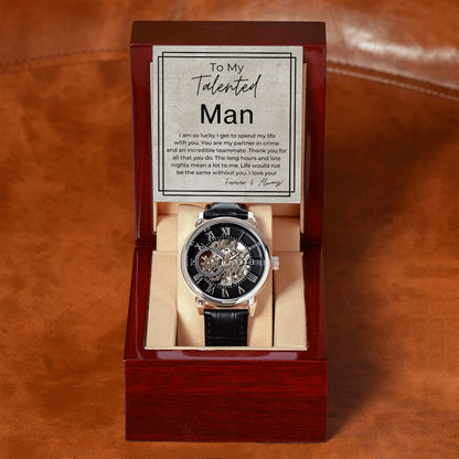 My Partner in Crime - Gift for My Man - Men's Openwork, Self Winding Watch + Watch Box