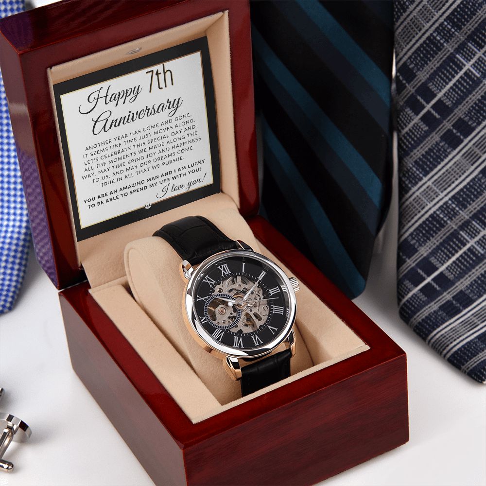 7th Anniversary Gift for Husband - Men's Openwork Watch + Watch Box - Great Anniversary Gift Idea For Husband, From Wife