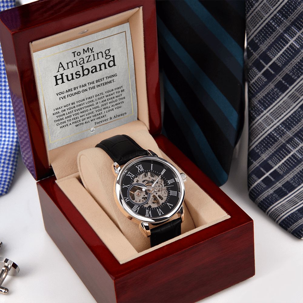 To My Husband - Best Thing On The Internet - Men's Openwork Watch + Watch Box - Meaningful Christmas, Valentine's Day Birthday, or Anniversary Present For Him