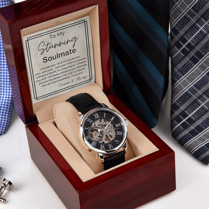 I Choose YOU Without Pause - Gift for Soulmate -  Men's Openwork, Self Winding Watch + Watch Box
