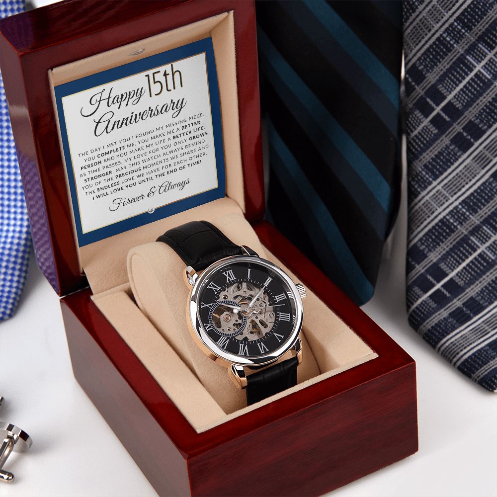 Anniversary Gift for Him 15 Year - Men's Openwork Watch + Watch Box - Great Anniversary Gift Idea For Husband, From Wife