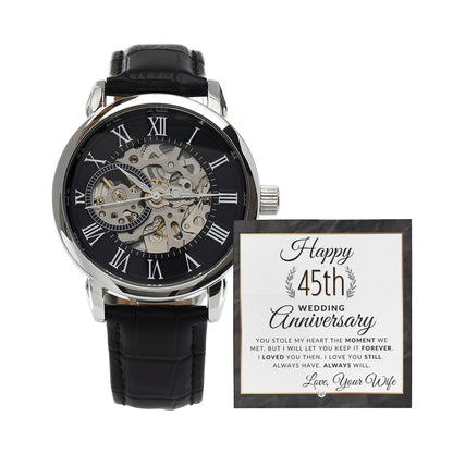 45th Wedding Anniversary - Openwork Skeleton Watch + LED Watch Box - Gift for Husband - Liliana and Liam
