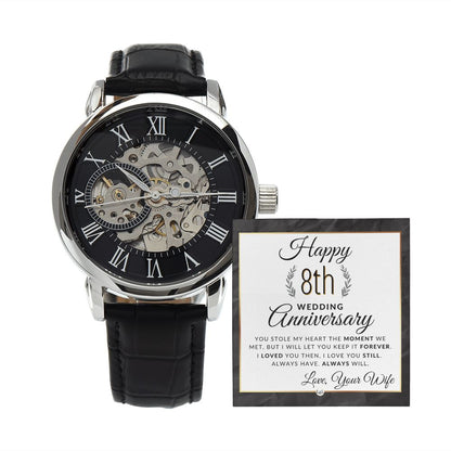 8th Wedding Anniversary - Openwork Skeleton Watch + LED Watch Box - Gift for Husband - Liliana and Liam