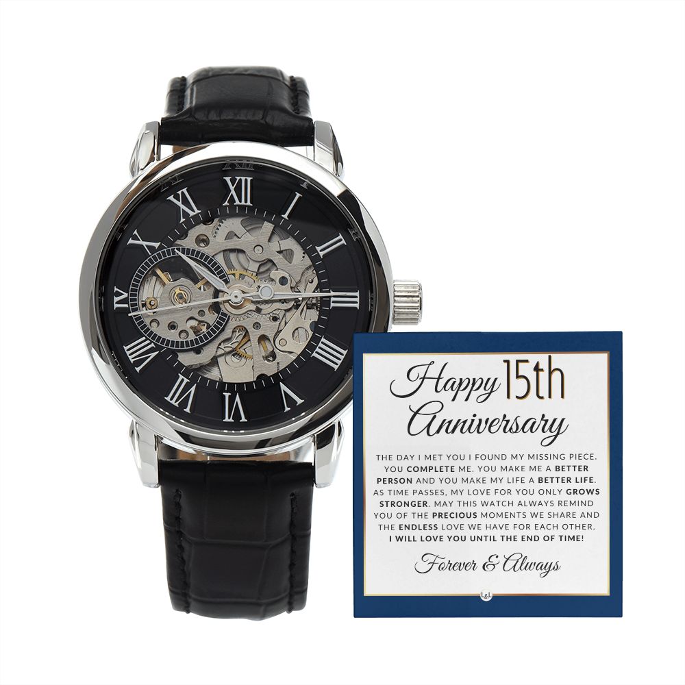 Anniversary Gift for Him 15 Year - Men's Openwork Watch + Watch Box - Great Anniversary Gift Idea For Husband, From Wife