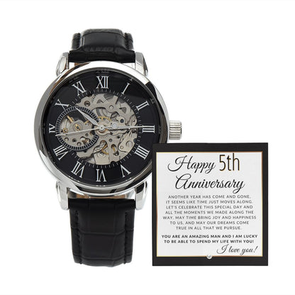 5th Anniversary - Openwork Skeleton Watch + LED Watch Box - Gift for Husband - Liliana and Liam