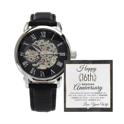 16th Wedding Anniversary Gift for Him - Men's Openwork Watch + Watch Box - Great Anniversary Gift Idea For Husband, From Wife