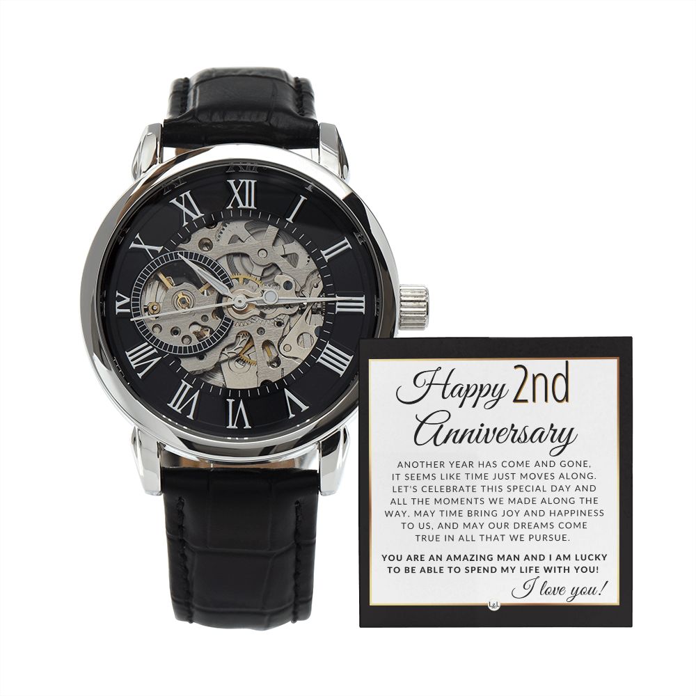 2nd Anniversary Gift for Husband - Men's Openwork Watch + Watch Box - Great Anniversary Gift Idea For Husband, From Wife