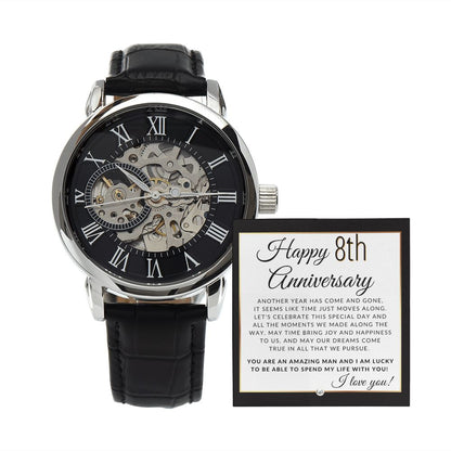 8th Anniversary - Openwork Skeleton Watch + LED Watch Box - Gift for Husband - Liliana and Liam