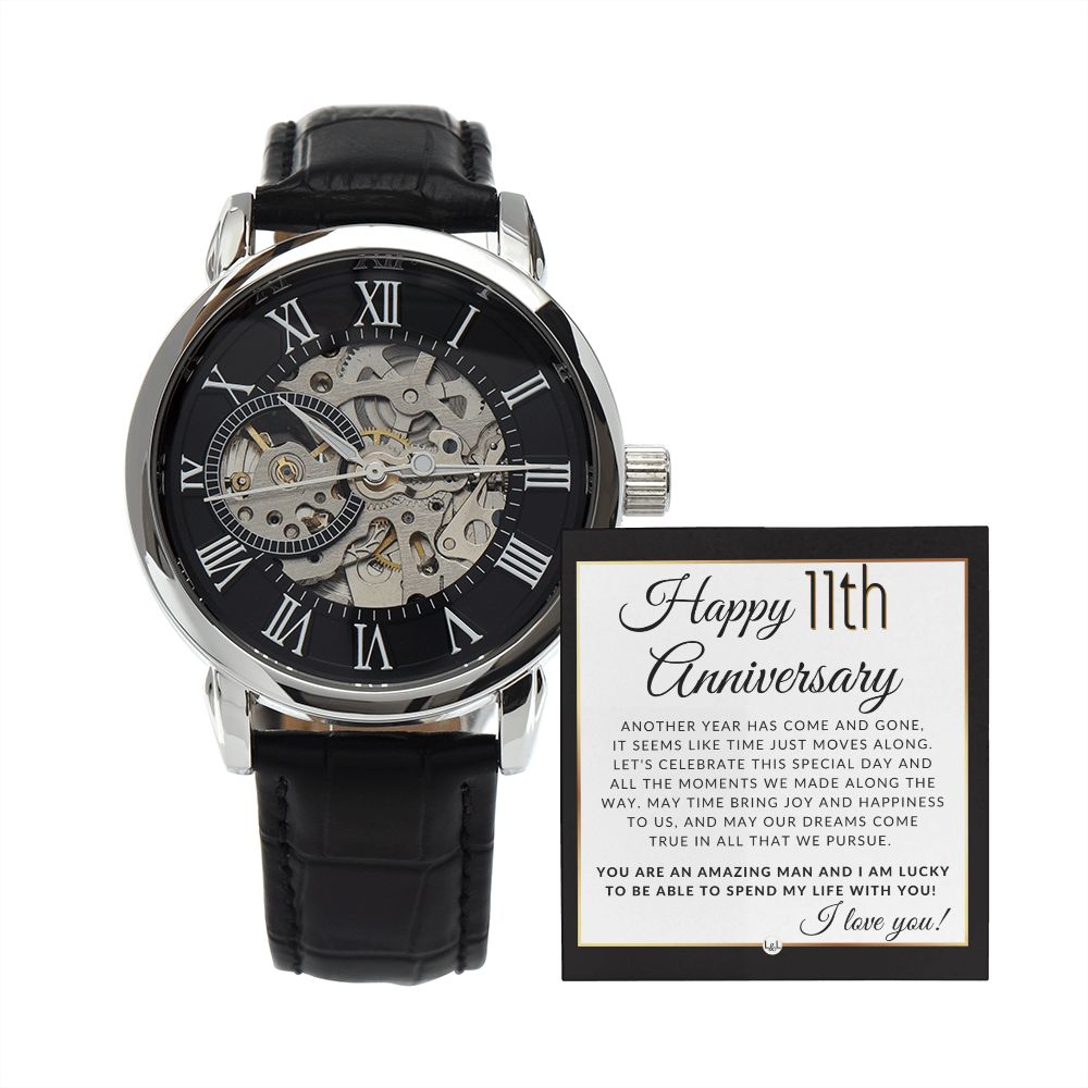 11th Anniversary Gift for Husband - Men's Openwork Watch + Watch Box - Great Anniversary Gift Idea For Husband, From Wife