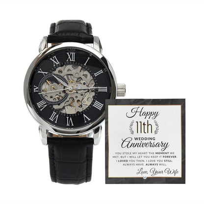 11th Wedding Anniversary - Openwork Skeleton Watch + LED Watch Box - Gift for Husband - Liliana and Liam
