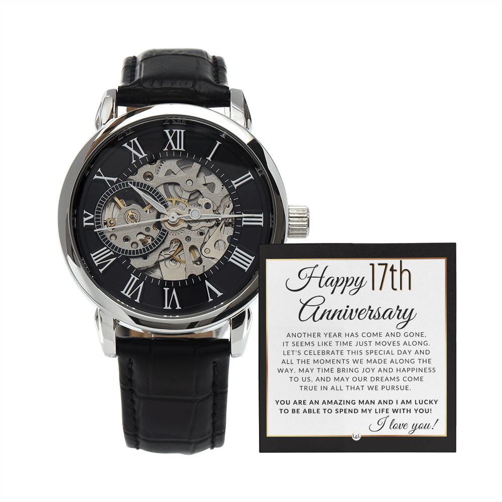 17th Anniversary Gift for Husband - Men's Openwork Watch + Watch Box - Great Anniversary Gift Idea For Husband, From Wife