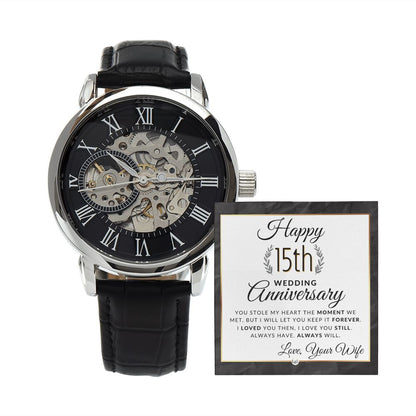 15th Wedding Anniversary - Openwork Skeleton Watch + LED Watch Box - Gift for Husband - Liliana and Liam