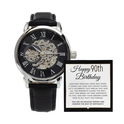 90th Birthday - Openwork Skeleton Watch + LED Watch Box - Gift For Him - Liliana and Liam