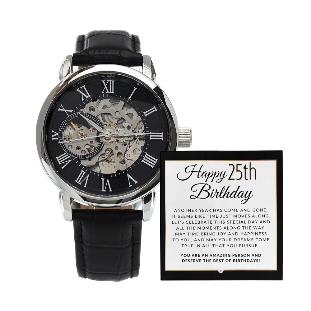 25th Birthday Gift For Him - Watch For 25 Year Old Birthday - Men's Openwork Watch + Watch Box - Great Birthday Gift For A Man