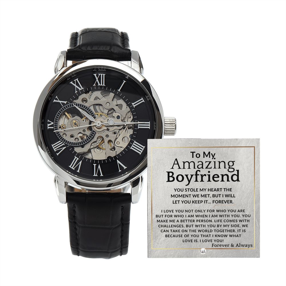 To My Boyfriend - Stole My Heart - Men's Openwork Watch + Watch Box - Meaningful Christmas, Valentine's Day Birthday, or Anniversary Present For Him
