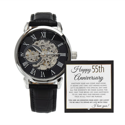 55th Anniversary - Openwork Skeleton Watch + LED Watch Box - Gift for Husband - Liliana and Liam