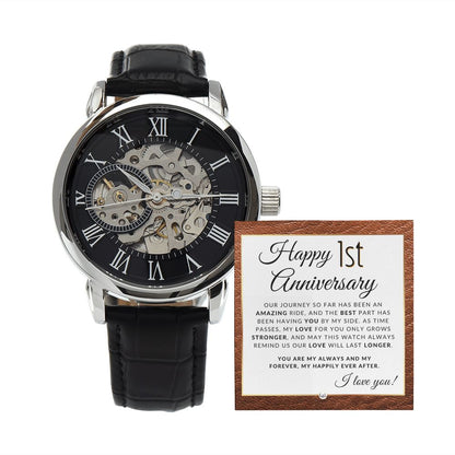 1 Year Anniversary Gift for Him - Men's Openwork Watch + Watch Box - Great Anniversary Gift Idea For Husband, From Wife