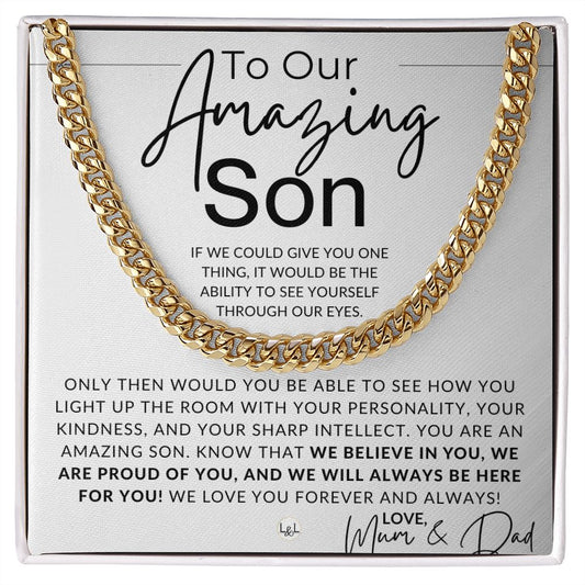 Through Our Eyes - To Our Son (From Mum and Dad) - Parents to Son Chain Necklace Gift - Christmas Gifts, Birthday Present, Graduation, Valentine's Day