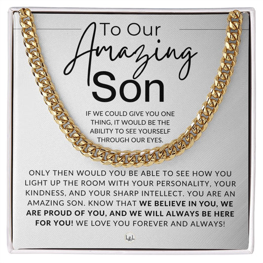 Through Our Eyes - To Our Son - Parents to Son Chain Necklace Gift - Christmas Gifts, Birthday Present, Graduation, Valentine's Day - Liliana and Liam