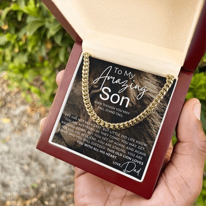 Stand Tall, Son - To My Son (From Dad) - Father to Son Chain Necklace w/Lion - Christmas Gifts, Birthday Present, Graduation Gift
