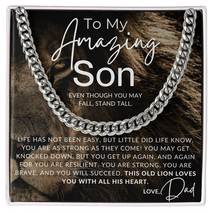 Stand Tall, Son - To My Son (From Dad) - Father to Son Chain Necklace w/Lion - Christmas Gifts, Birthday Present, Graduation Gift