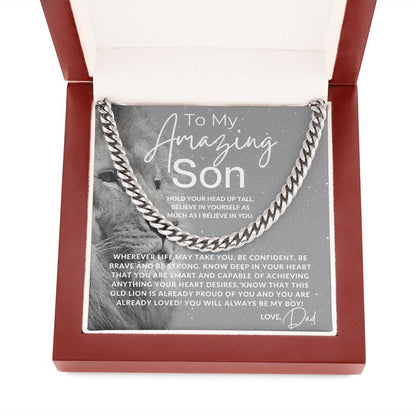 Hold Your Head Up, Son - To My Son (From Dad) - Father to Son Chain Necklace w/Lion - Christmas Gifts, Birthday Present, Graduation Gift