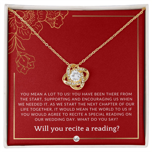 Wedding Ceremony Reader Proposal - Will You Read At Our Wedding - From The Bride and The Groom Necklace - Red and Gold Wedding Theme - Liliana and Liam