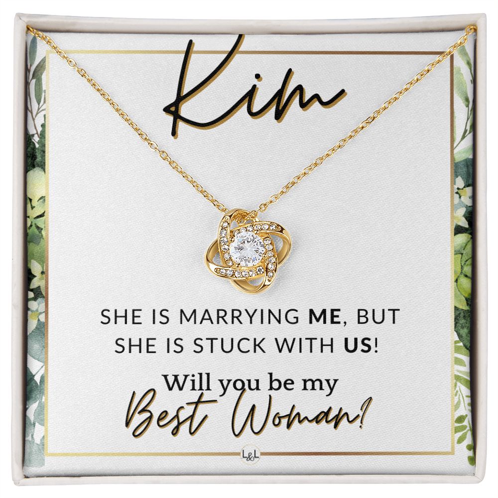 Best Woman Proposal, Custom Name - Wedding Party Necklace Gift From Groom - Be My Best Woman , White and Green, Eucalyptus Wedding
