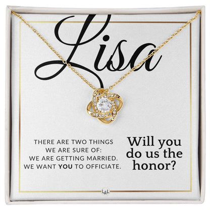 Officiant Proposal - For Female Officiant - Will you do us the honor - Custom Name - Elegant White and Gold Wedding Theme