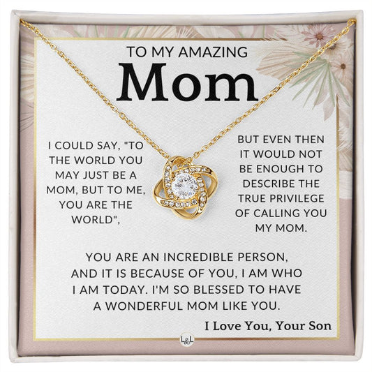 Gift for Mom, From Son - True Privilege - To Mother, From Son - Beautiful Women's Pendant Necklace - Great For Mother's Day, Christmas, or Her Birthday - Liliana and Liam