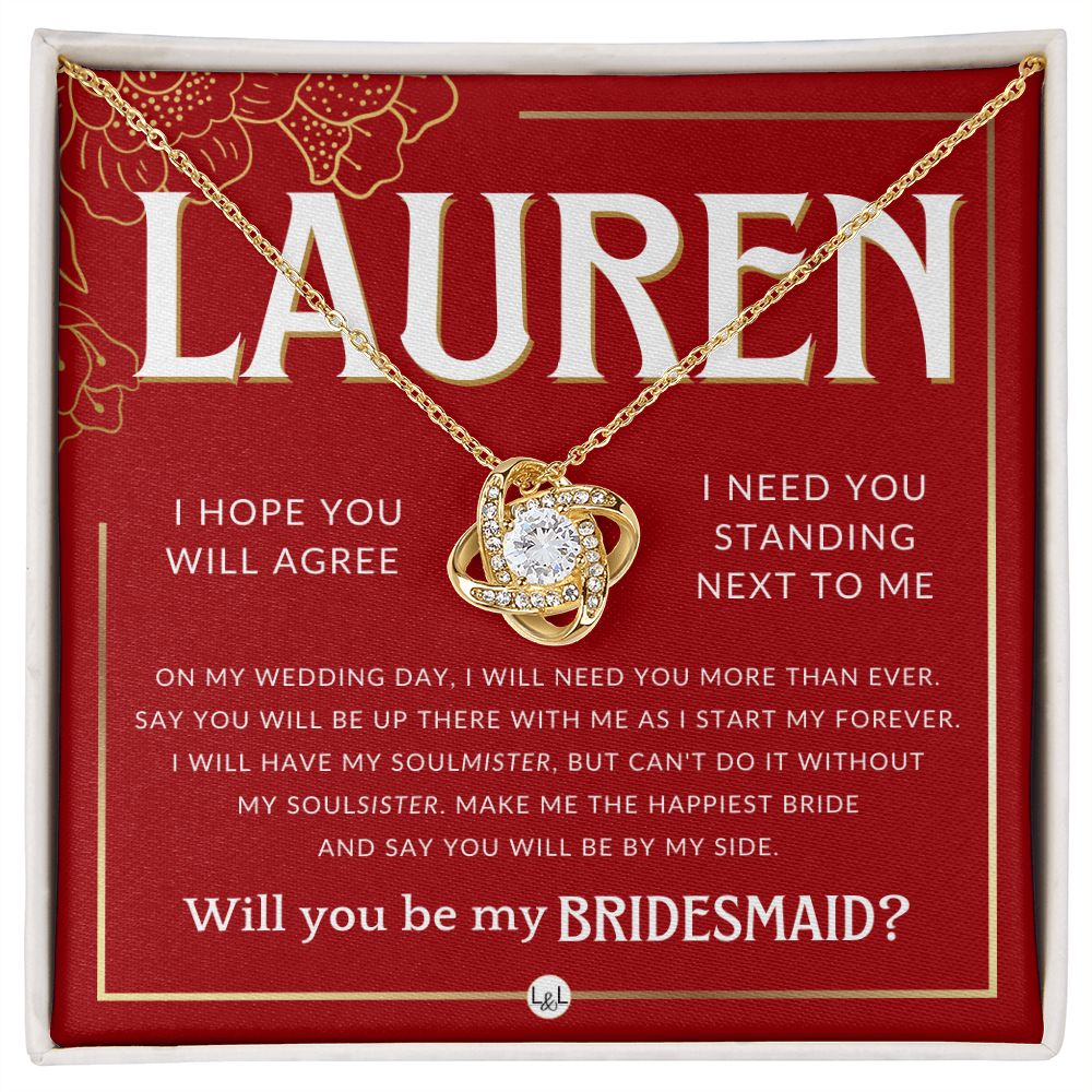 Bridesmaid Proposal, Custom Name- Wedding Party Jewelry Accessories From Bride - Be By My Side Necklace - Red and Gold Wedding Theme