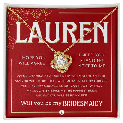 Bridesmaid Proposal, Custom Name- Wedding Party Jewelry Accessories From Bride - Be By My Side Necklace - Red and Gold Wedding Theme