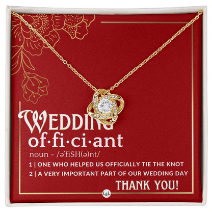 Thank You For Marrying Us - Elegant Knot Pendent Necklace - Gift For Female Wedding Officiant, Pastor - Red and Gold Theme - Liliana and Liam