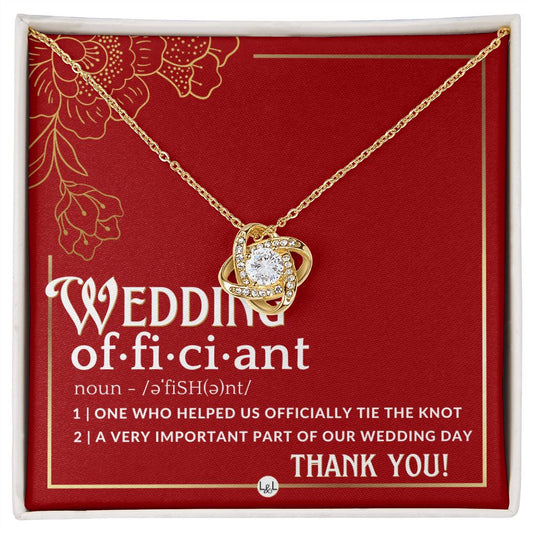 Thank You For Marrying Us - Elegant Knot Pendent Necklace - Gift For Female Wedding Officiant, Pastor - Red and Gold Theme - Liliana and Liam