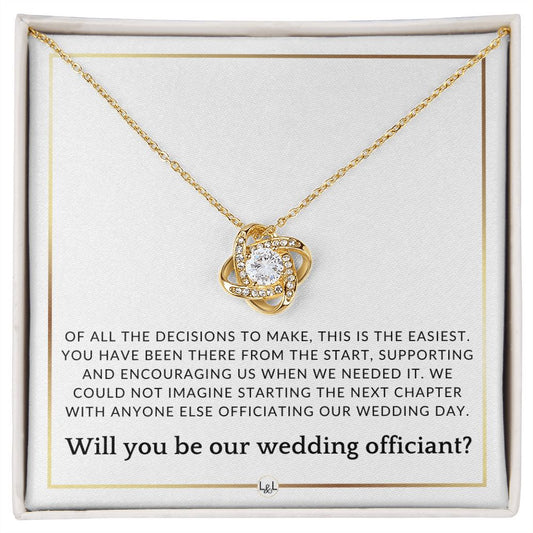 Wedding Officiant Proposal - Of All The Decisions - Elegant White and Gold Wedding Theme