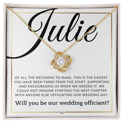 Wedding Officiant Proposal - Of All The Decisions - Custom Name - Elegant White and Gold Wedding Theme