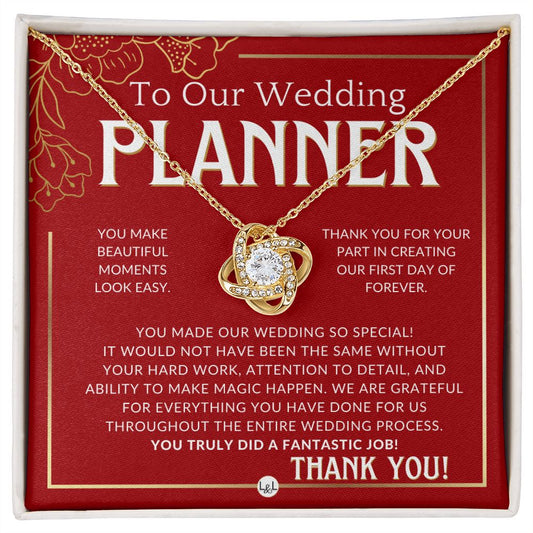 Wedding Event Planner Gift - Thank You From The Couple - Gratitude Gift, Token of Appreciation Necklace - Red and Gold Wedding Theme - Liliana and Liam