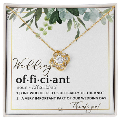 Thank You For Marrying Us - Elegant Knot Pendent Necklace - Gift For Female Wedding Officiant, Pastor - Eucalyptus Theme - Liliana and Liam