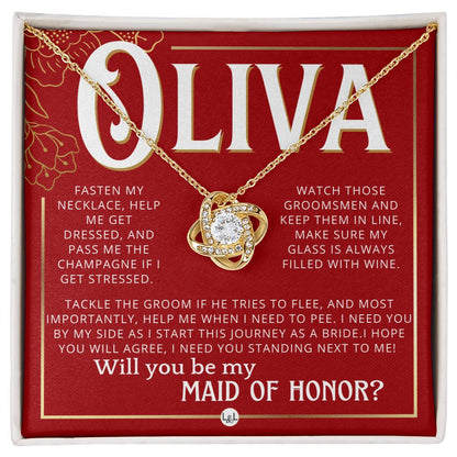 Maid of Honor Proposal, Custom Name - Be My Maid Of Honor, MOH Gift From Bride, I Need YOU Necklace - Red and Gold Wedding Theme