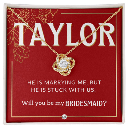 Bridesmaid Proposal Custom Name - Wedding Party Jewelry Accessories From Bride - Stuck With US Necklace - Red and Gold Wedding Theme