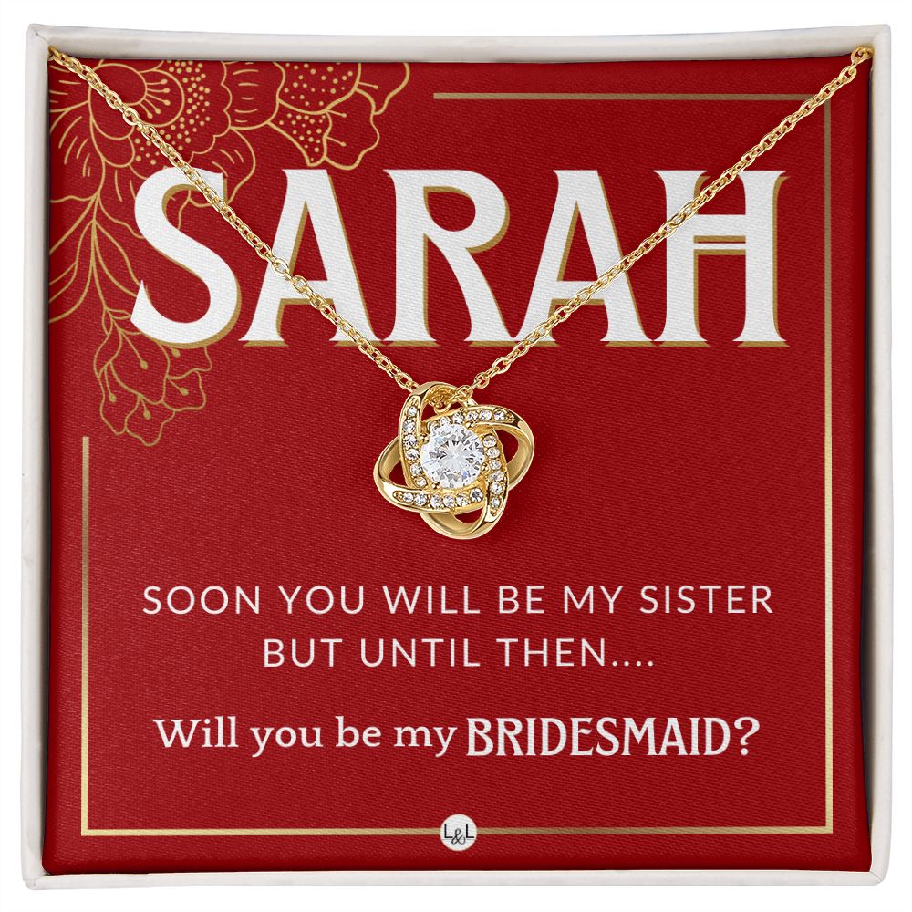 Bridesmaid Proposal, Custom Name - Will You Be My Bridesmaid, Sister in Law - Wedding Party Necklace - Red and Gold Wedding Theme