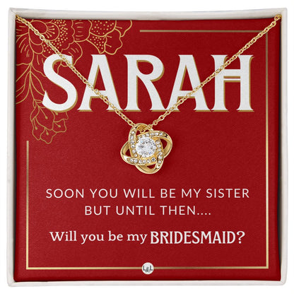 Bridesmaid Proposal, Custom Name - Will You Be My Bridesmaid, Sister in Law - Wedding Party Necklace - Red and Gold Wedding Theme