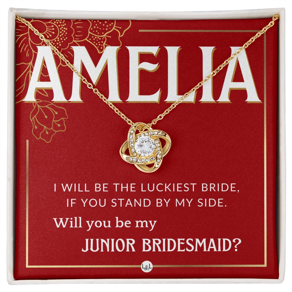 Junior Bridesmaid Proposal, Custom Name - Great Wedding Party Gift From Bride - Be By My Side Necklace - Red and Gold Wedding Theme